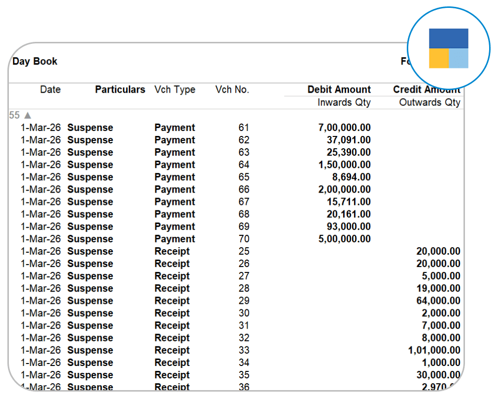 Tally Prime Day Book showing imported bank statement entries